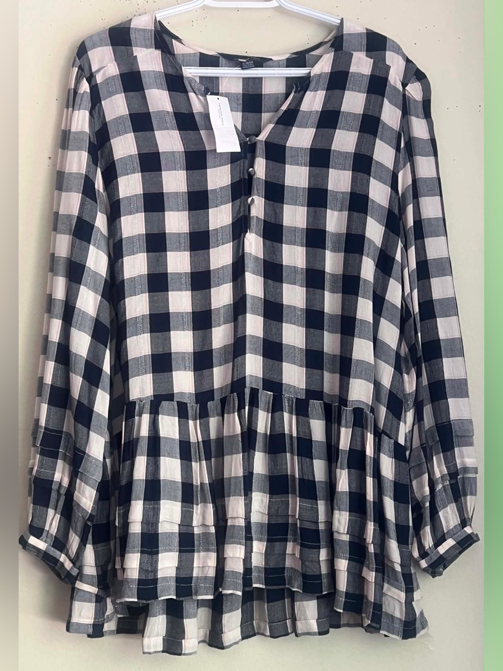 American Eagle Outfitters Navy and White Plaid Tiered Button-Front Tunic